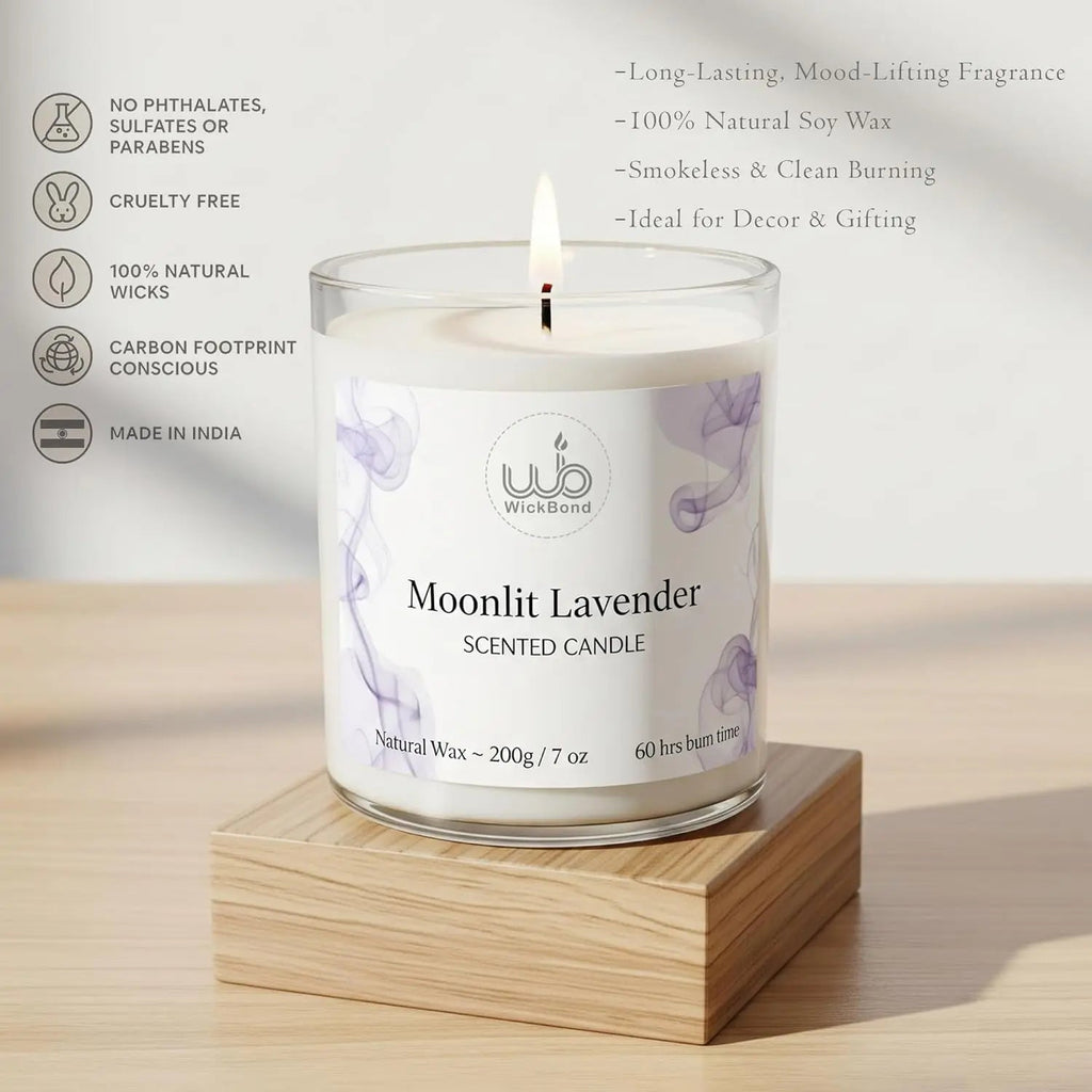 Moonlit Lavender Duftkerze: 200 g Sojawachs, 60 Std Brenndauer im Glas