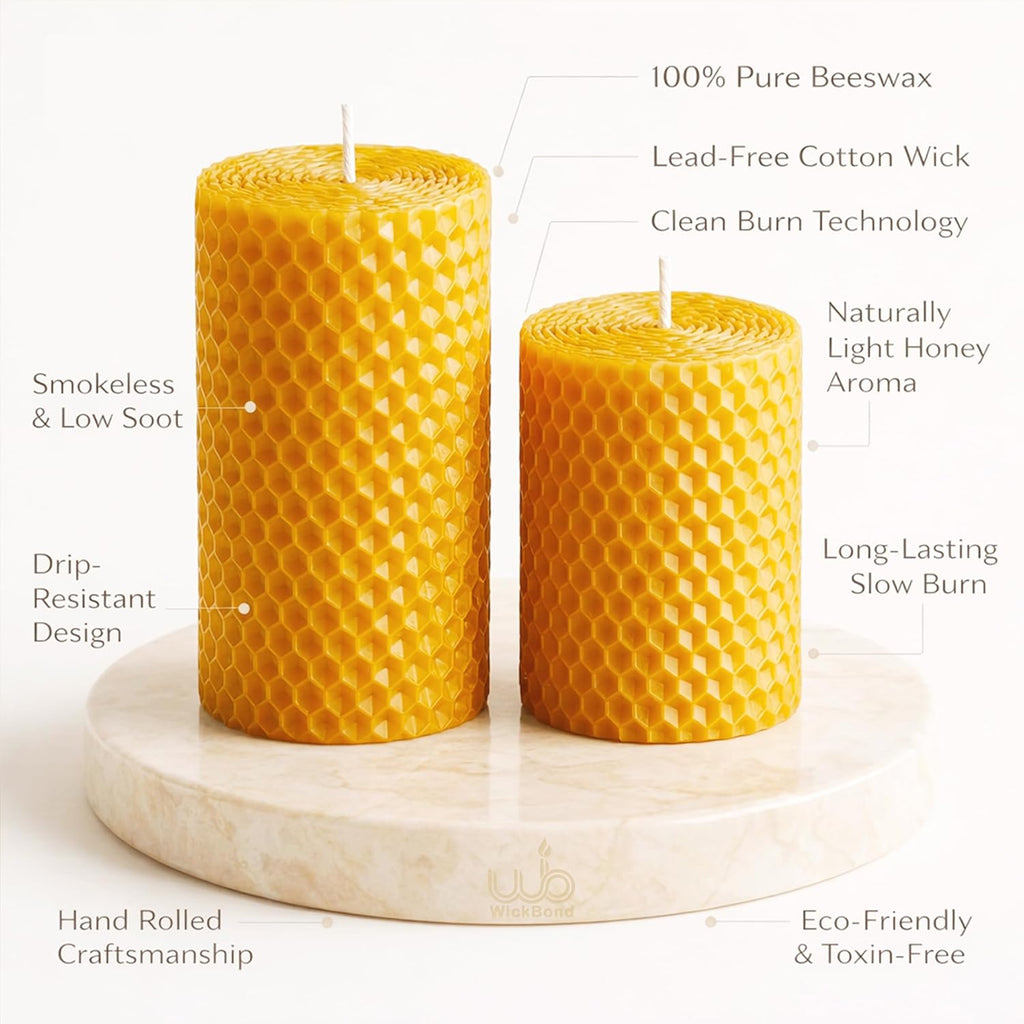 Honeycomb beeswax pillar candles, lead-free cotton wick, two sizes