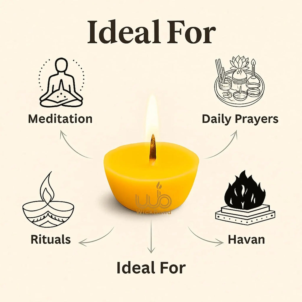 Yellow ghee diya batti with icons for meditation, daily prayers, rituals, havan
