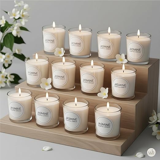 Candlewale Votive Candle Set of 12 – Glass Filled Candles with Natural Wax & Lead-Free Wicks | 10-Hour Burn Time | Clean Burning, Non-Toxic | Ideal for Home Décor, Events & Gifting (Jasmine))