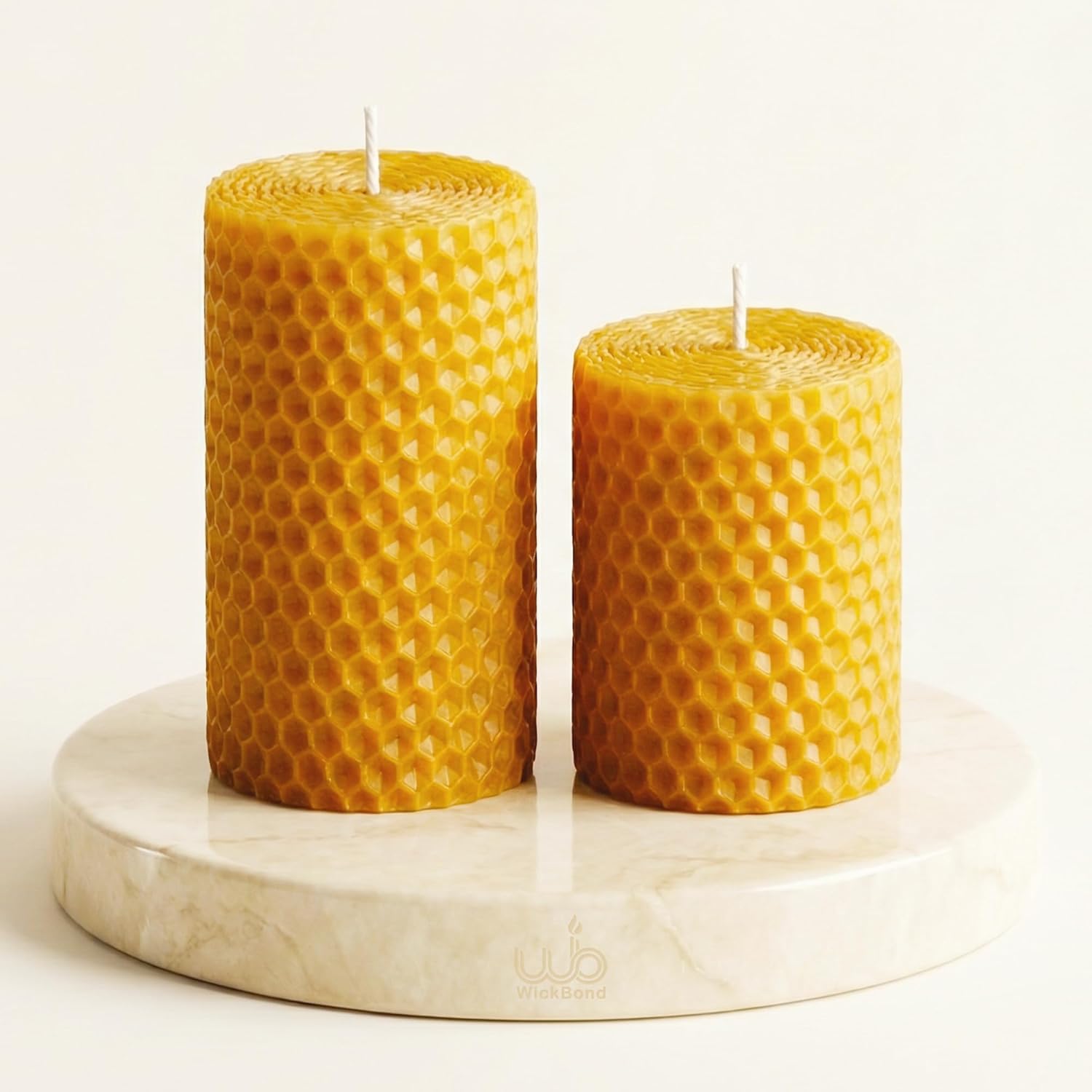 100% Pure Beeswax Pillar Candles Set of 2 – Hand Rolled Honeycomb Design, Clean Burning, Smokeless, Dripless, Lead-Free Cotton Wick, Natural Honey Aroma (6” & 4” x 2”)