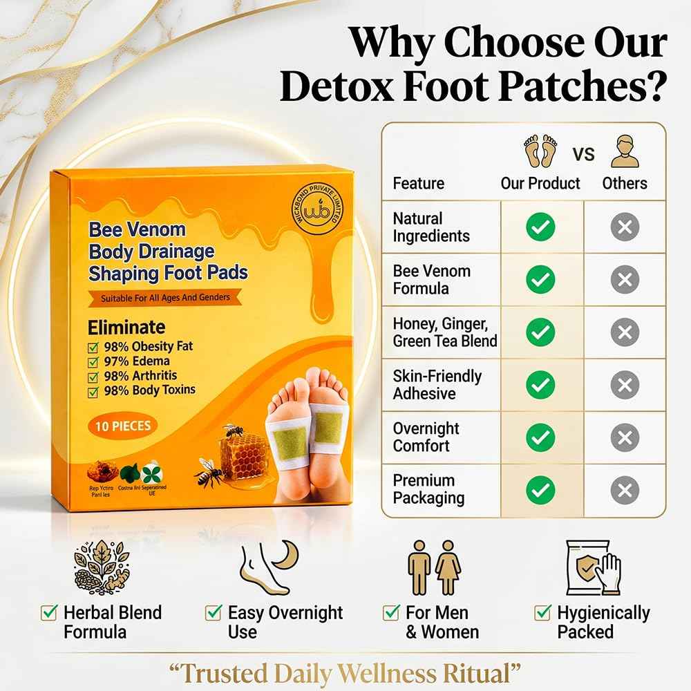 Bee Venom foot pads box next to comparison table highlighting natural herbal ingredient blend
