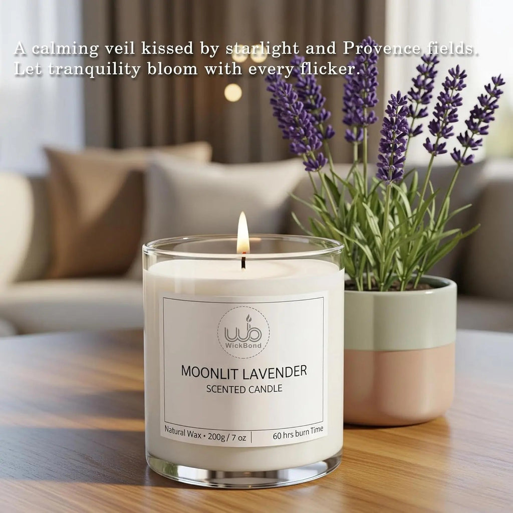 Glas-Duftkerze Moonlit Lavender, brennende Flamme über weißem Wachs