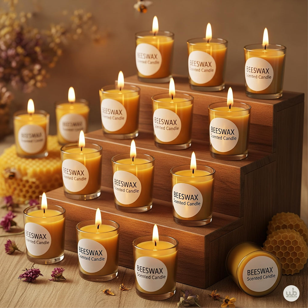 Beeswax Votivkerzen im Glas, brennende Dochte auf Holzhalter