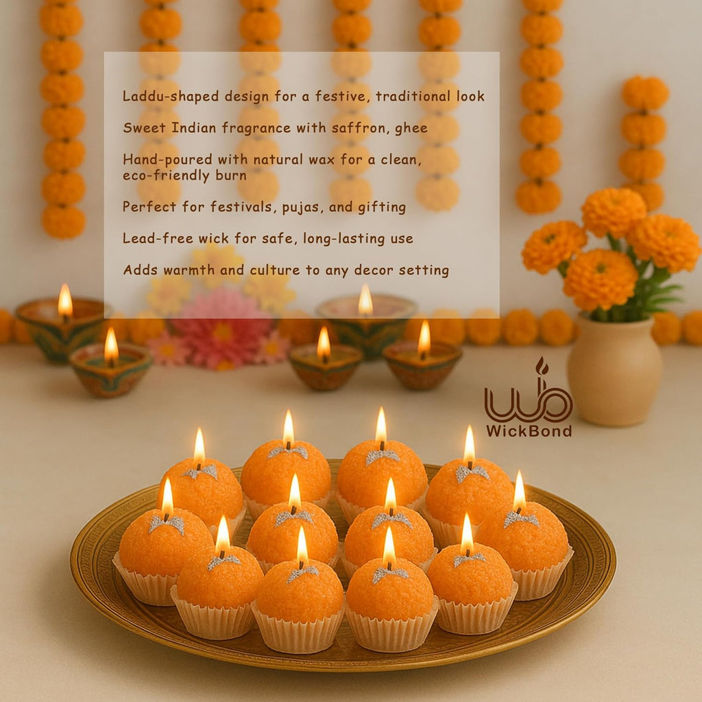 Set of lit Motichoor ladoo candles in paper cups on a tray, star wicks