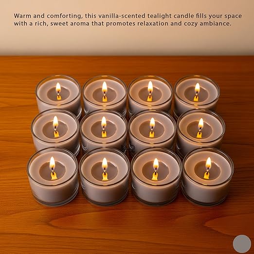 Candlewale Set of 12 Scented Soy Wax Tealight Candles – Smokeless, Drip-Free, 4-Hour Burn Time – Ideal for Home Décor, Pooja, Spa & Gifting (Vanilla)