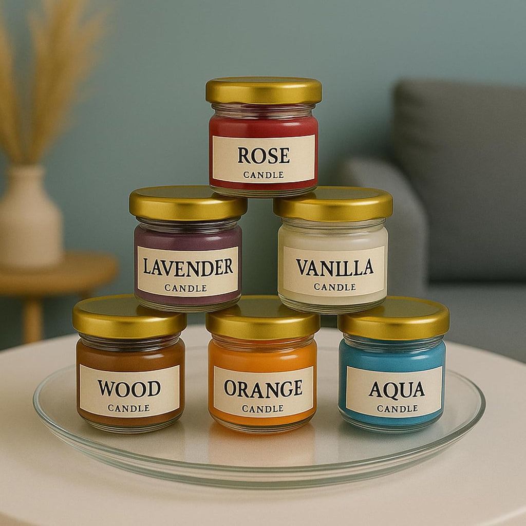 Candle set in mini glass jars with lids: Rose, Lavender, Vanilla, Wood, Orange, Aqua