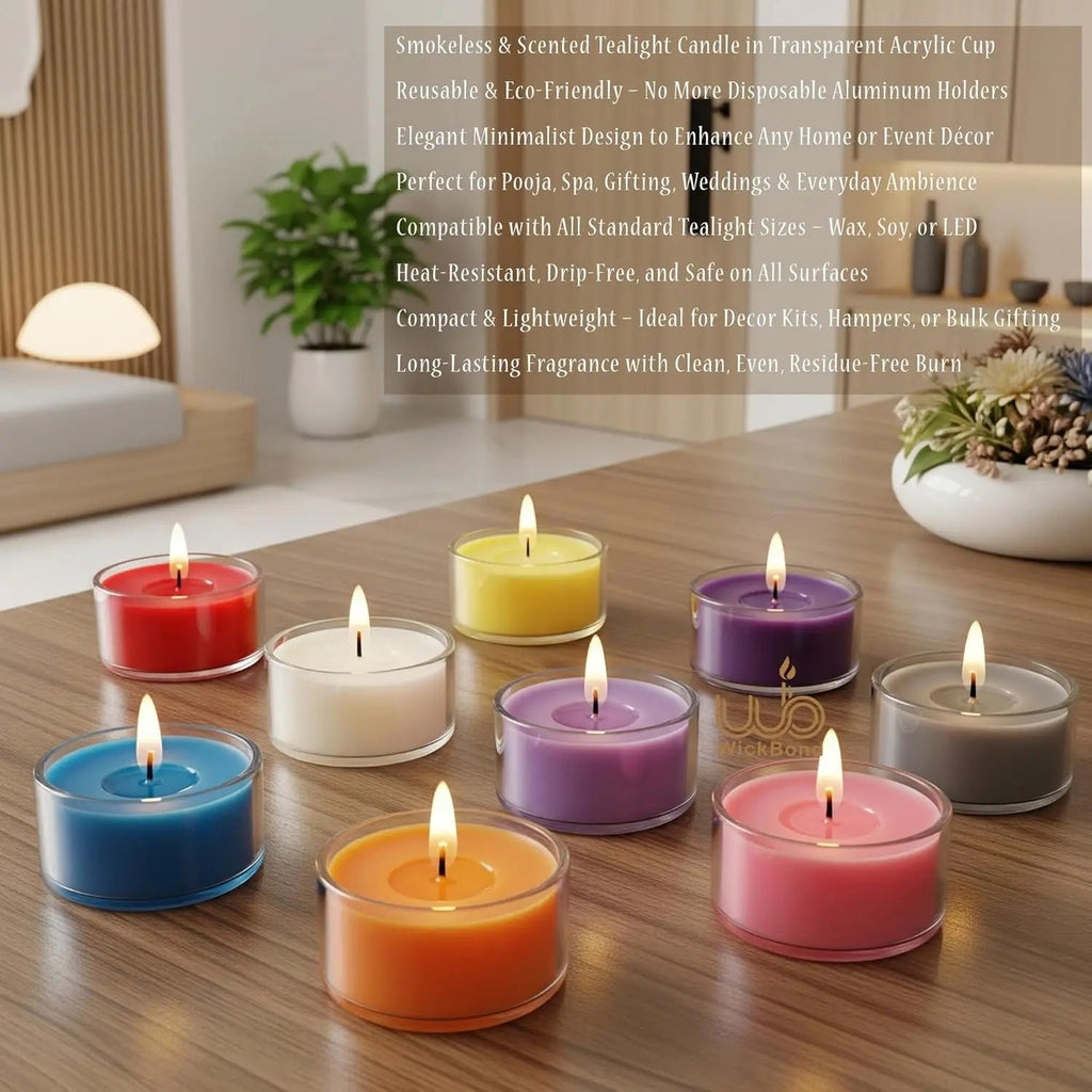Smokeless scented tea lights in transparent cups, mixed colors on a wooden table