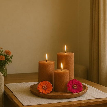 Pillar Candles – Set of 3 (2x6, 2x4, 2x2 in) | Smokeless & Dripless Wax Candles for Home & Event Decor (Brown, Unscented)
