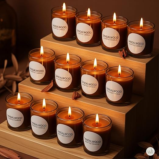 Candlewale Votive Candle Set of 12 – Glass Filled Candles with Natural Wax & Lead-Free Wicks | 10-Hour Burn Time | Clean Burning, Non-Toxic | Ideal for Home Décor, Events & Gifting (Sandalwood))