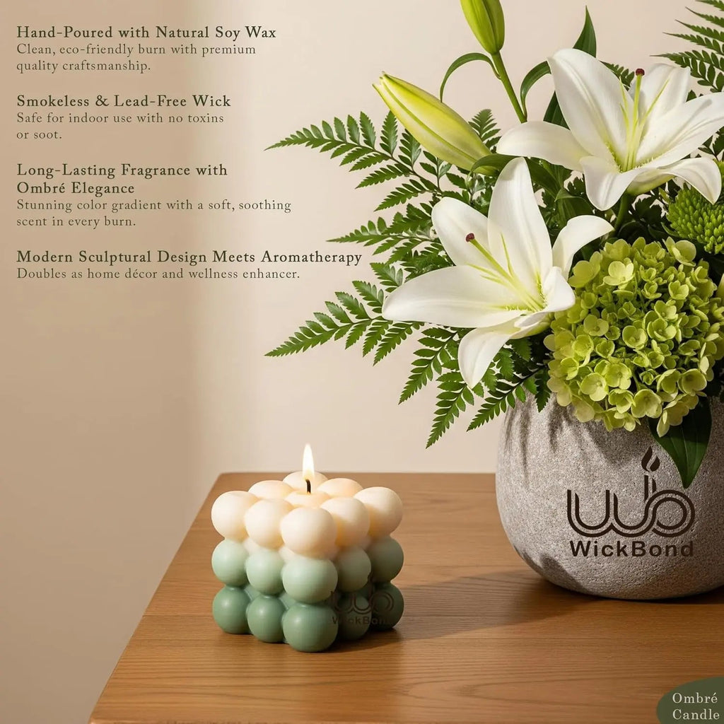Ombre bubble cube soy candle with pale green, mint and ivory bubbles, burning wick flame