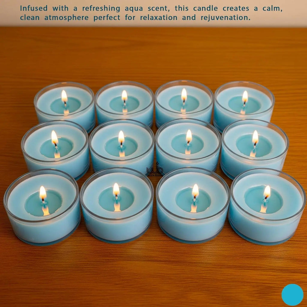 Aqua scented tea light candles in clear cups, multiple tealights with wicks