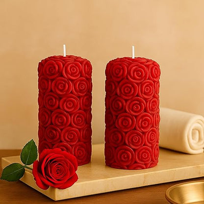 Candlewale Rose Pillar Scented Candles – Set of 2 Red Decorative Wax Candles for Home Décor & Gifting | Long-Lasting Floral Aroma | Romantic Ambience for Living Room & Bedroom (Rose)