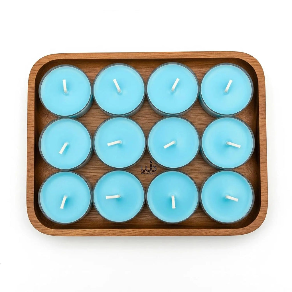 Aqua tealight candles (soy wax) in wooden tray, 12 round cups with unlit wicks