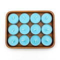 Aqua tealight candles (soy wax) in wooden tray, 12 round cups with unlit wicks