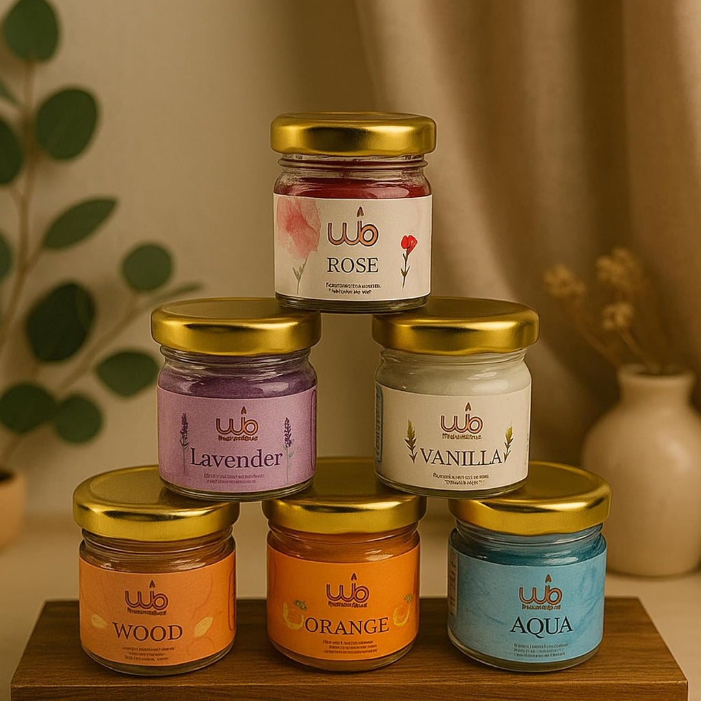 Scented mini candles in glass jars: Rose, Lavender, Vanilla, Wood, Orange, Aqua