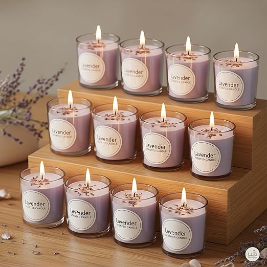 Candlewale Votive Candle Set of 12 – Glass Filled Candles with Natural Wax & Lead-Free Wicks | 10-Hour Burn Time | Clean Burning, Non-Toxic | Ideal for Home Décor, Events & Gifting (Lavender))