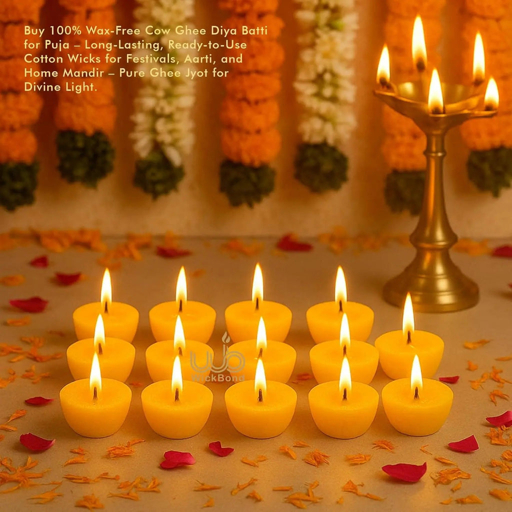 Multiple yellow ghee diya battis with lit flames around a brass diya stand