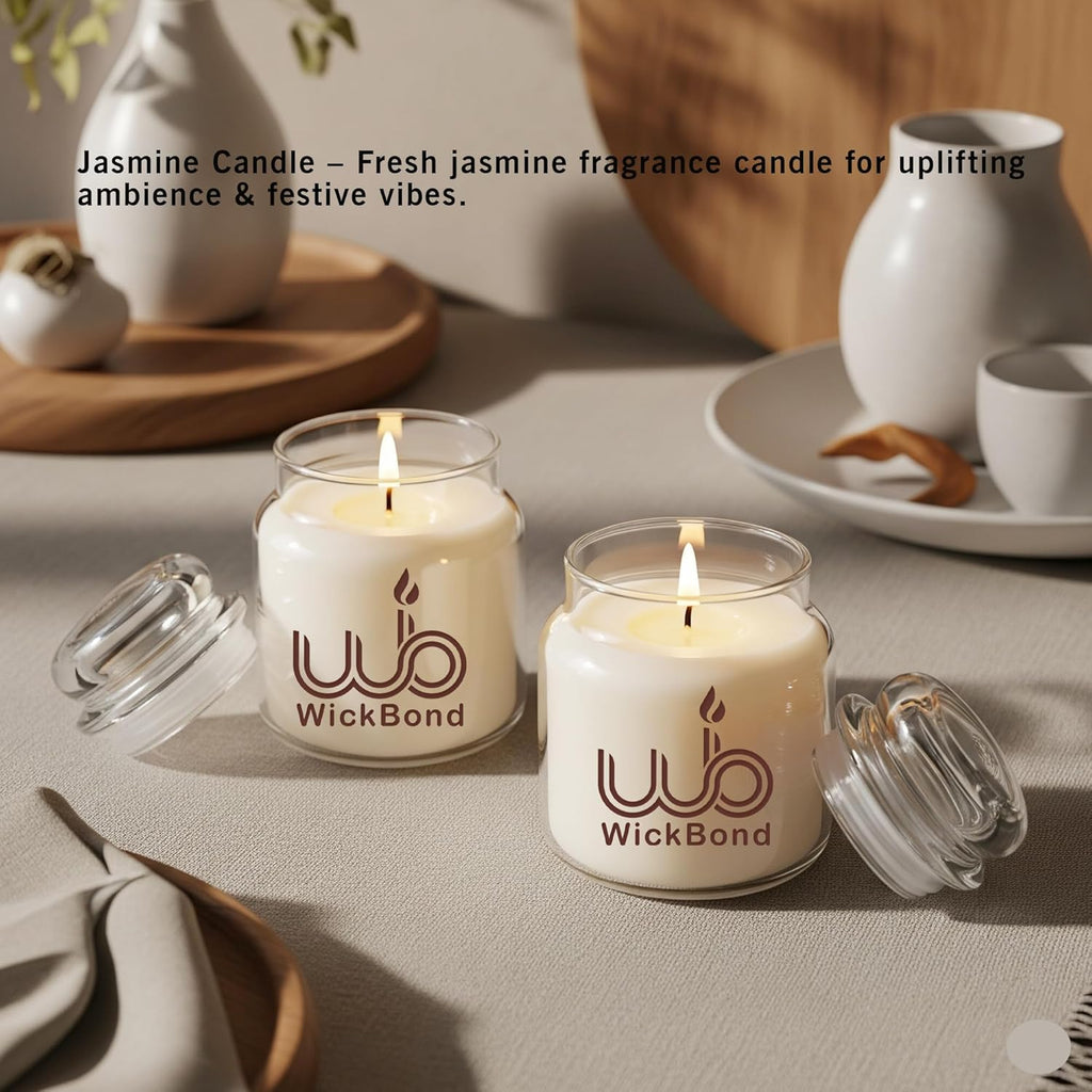 Jasmine candles in glass jars with lit wicks; lids open and stored nearby
