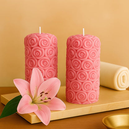 Candlewale Rose Pillar Scented Candles – Set of 2 Red Decorative Wax Candles for Home Décor & Gifting | Long-Lasting Floral Aroma | Romantic Ambience for Living Room & Bedroom (Lily)