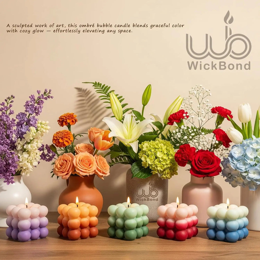 Ombre bubble soy candle set—purple, orange, green, red, and blue bubble candles with wicks