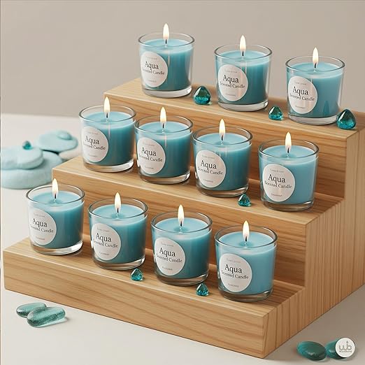 Candlewale Votive Candle Set of 12 – Glass Filled Candles with Natural Wax & Lead-Free Wicks | 10-Hour Burn Time | Clean Burning, Non-Toxic | Ideal for Home Décor, Events & Gifting (Aqua))