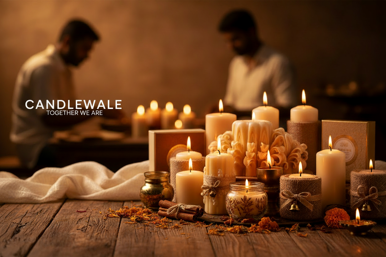 Candle-themed promotional image for The Community of Candle Manufacturers with hands holding candles and CW logo.