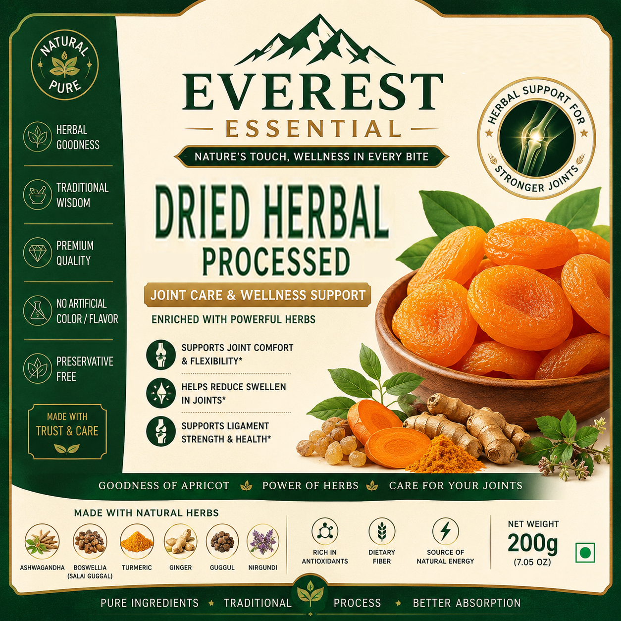 Everest Essential dried herbal fruit snack, orange dried pieces in bowl, 200g