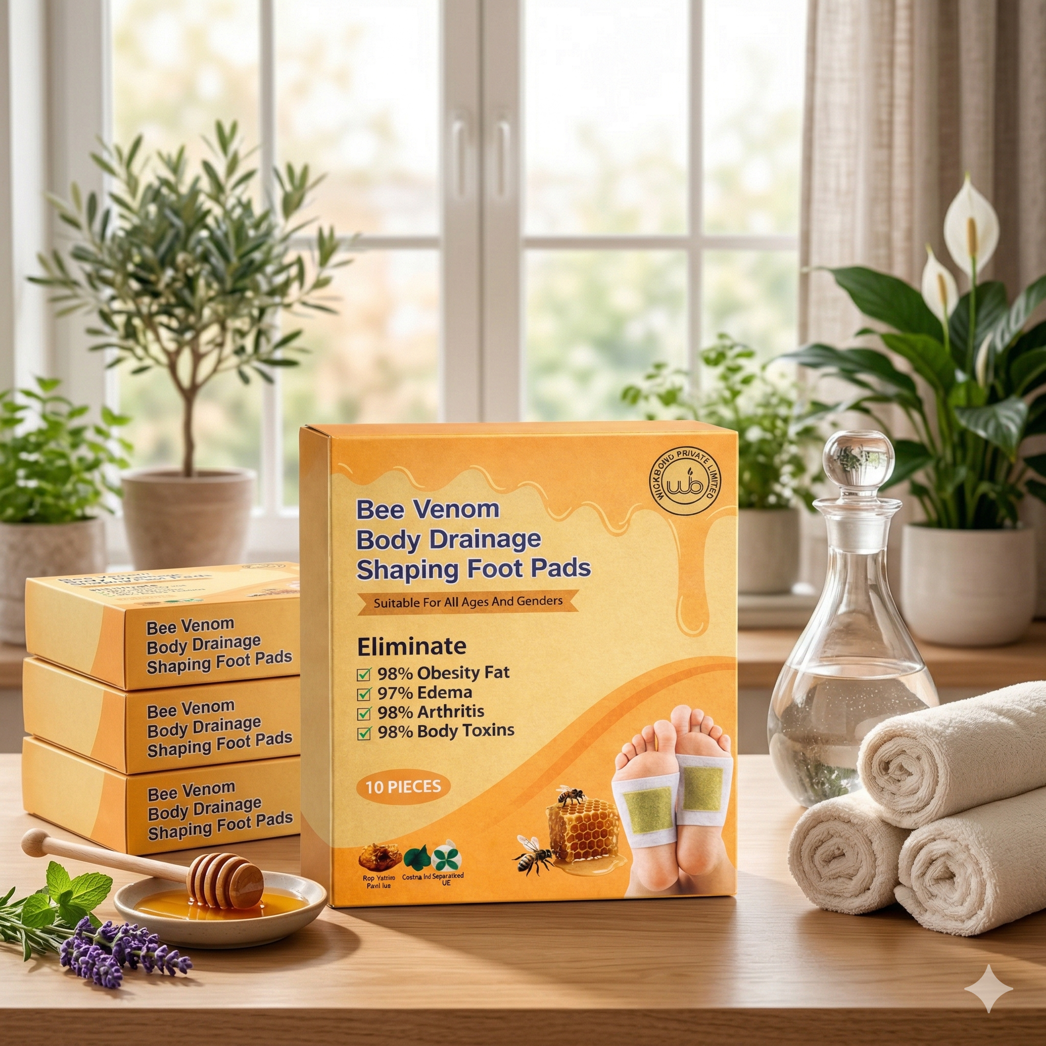 Bee Venom body drainage shaping foot pads boxes with adhesive patch squares and honey jar