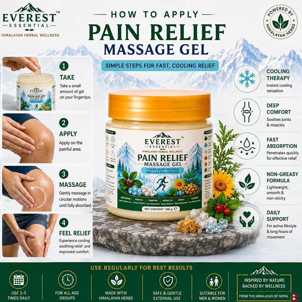 Pain relief massage gel jar with “How to apply” step graphics and orange lid